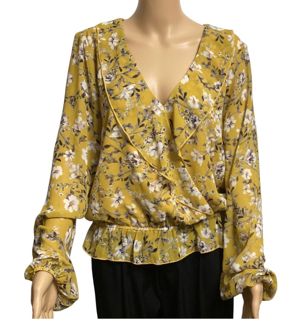 Show Me Your Mumu Brewster Top Flirtin Floral Mustard Yellow V-Neck Blouse XL